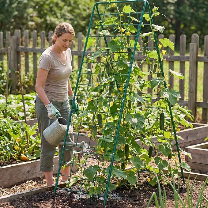 DoCred Cucumber Trellis, 71" H 2 Pack Metal Foldable Upgraded A Frame Garden Trellis for Raised Bed Climbing Plants, Vegetables, Including Plant Support Clips, Twist Ties, Plastic Ties, Green