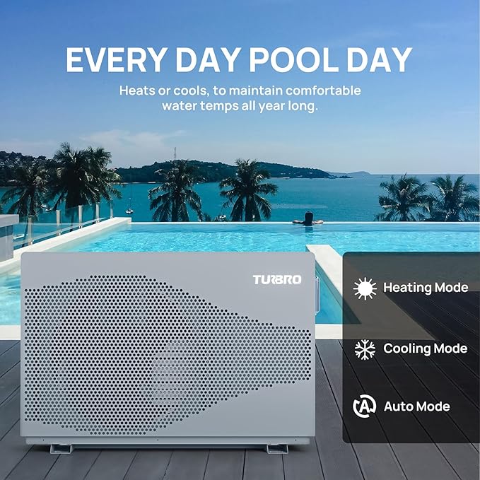 TURBRO 58,000 BTU DC Inverter Swimming Pool Heat Pump, WiFi Control Electric Pool Heater for Above and Inground Pools up to 18,000 Gal, Heating and Cooling, Up to 15.8 COP, 220-240V, Beluga B58V