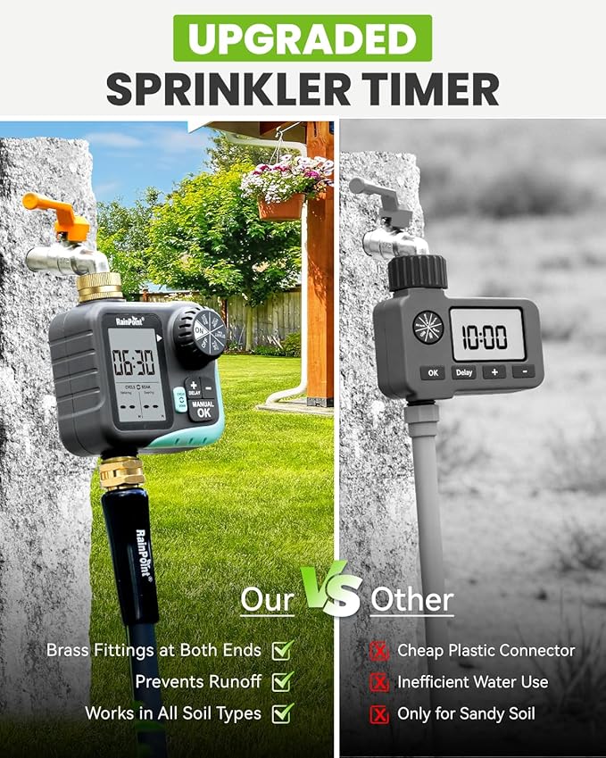 RAINPOINT Sprinkler Timer for Garden Hose - Hose Timer with Cycle & Soak/Rain Delay/Automatic Watering/Manual Watering, Programmable Irrigation System with Large Display, Brass Inlet & Outlet