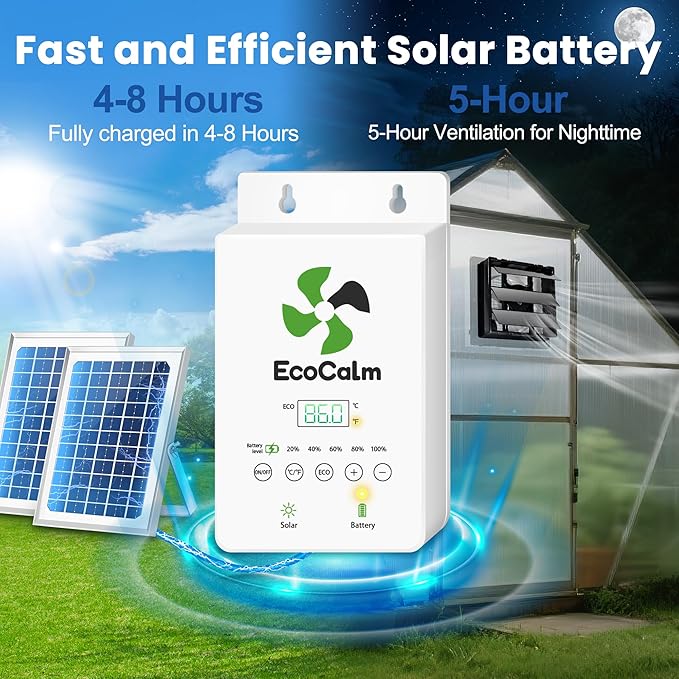 10" Solar Greenhouse Fan with Battery and Adjustable Thermostat, Shutter Ventilation Fan for Greenhouse, Attic, Garage with 2PCS 15W Bifacial Solar Panels