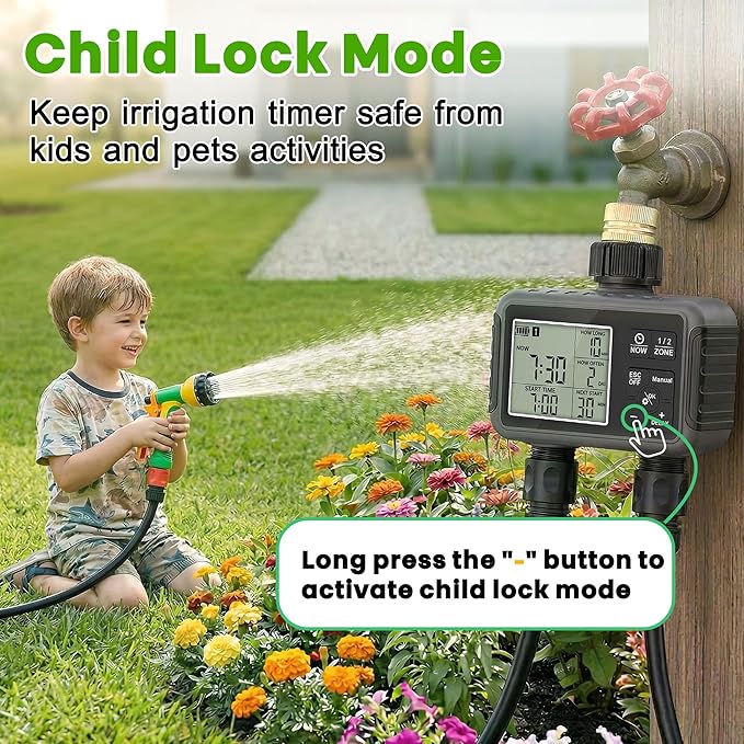 Sprinkler Timer 2 Zone, IPX5 Waterproof Programmable Water Hose Timer with Rain Delay, Child Lock, Manual Watering for Outdoor Automatic Irrigation for Garden, Lawn, Yard (AA Batteries Not Included)