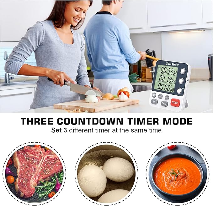 Digital Dual Kitchen Timmers 3 Channels Count UP/Down Timer Cooking Timers Large Display Triple Timmer Magnetic Stopwatch Timer-timers for Classroom Kid Adjustable Volume Loud Alarm(Battery Included)