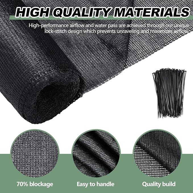 2 Pcs 6 x 300 ft Shade Cloth Roll for Covering Garden 70% Mesh UV Resistant Net with Ties for Patio Outdoor Greenhouse Fence Flower Plant Cover Canopy(Black)
