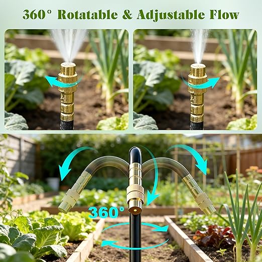 Drip Irrigation System for Garden, Automatic Watering System with Adjustable 360° Copper Spray Nozzles, DIY Drip Irrigation Kit for Yard, Lawn, Greenhouse, Raised Beds & Potted Plants (100FT)