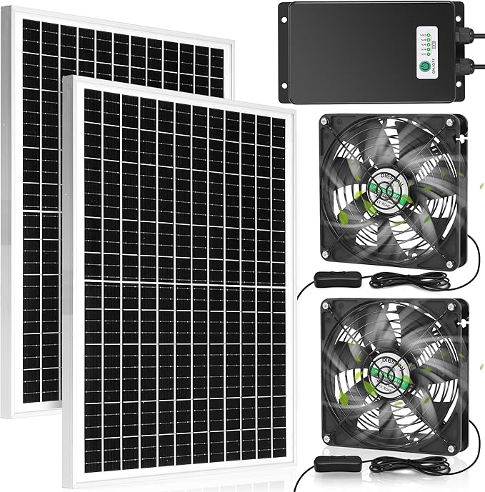 blessny 5.5" Solar Rechargeable 2 Fan Kit for Intake or Exhaust air, Weatherproofed 50W Solar Powered Fans for Outside Chicken Coops, Greenhouses, Shed, Pet House Air Ventilation