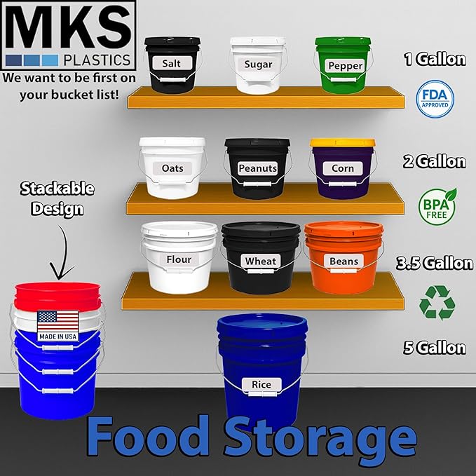 MKS Plastics 5-Gallon Bucket with Airtight Lid – Made in USA, Food Grade BPA Free Plastic, Heavy Duty Multi-Use, Metal Handle with Grip, Stackable Storage – Fina Blue, 6 Pack