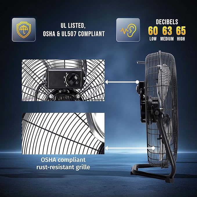 Tornado 18 Inch High Velocity Metal Floor Fan, 3-Speed Powerful Cooling for Industrial, Commercial, and Home Spaces, 120°Tilt, 6.0 FT Cord - UL safety Listed, Black