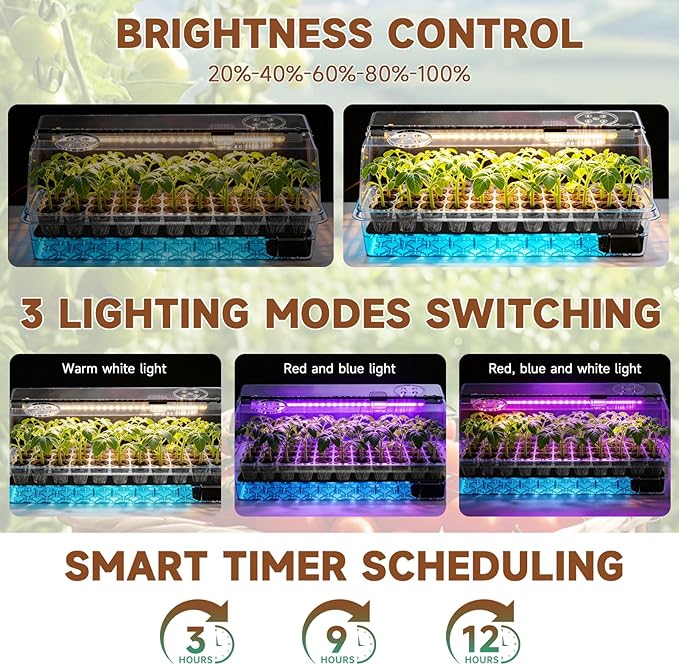 72 Cells Seed Starter Tray Self Watering, Seed Starter Kit with Grow Light, Full Spectrum with 5 Dimmable Brightness & Timer, Indoor Plant Grow Tray for Beginners & Seasoned Gardeners, Gardening Gifts