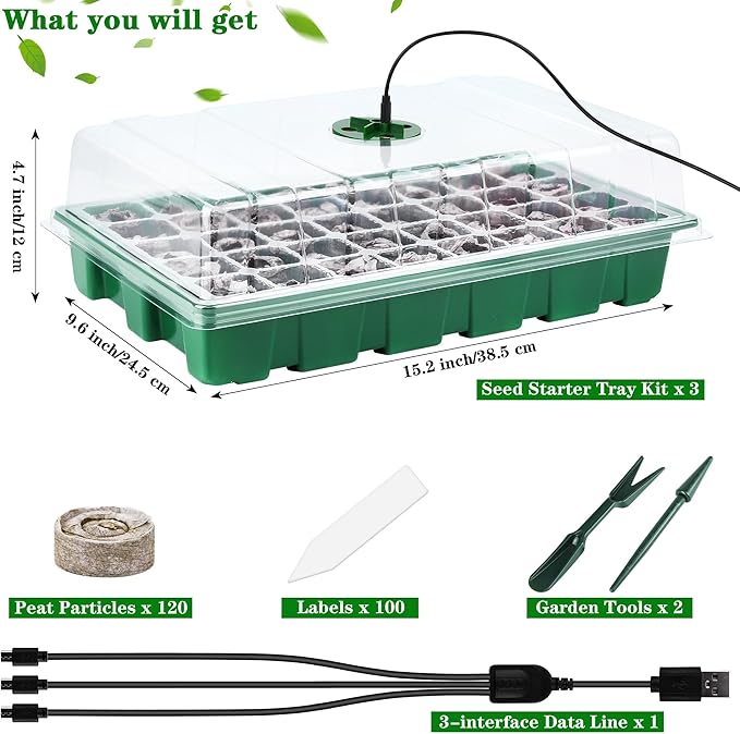 Hahood 3 Pack Seed Starter Tray Kit with Grow Light Germination Trays with Humidity Dome, 120 Peat Pellets, Gardening Tools, Plant Labels, Plant Growing Trays for Seeds Growing Starting, Green