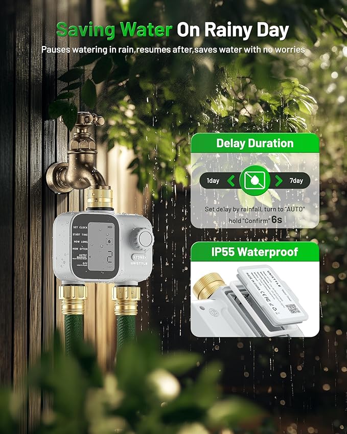 [2026 Upgrade] 2 Zone Sprinkler Timer with Brass Inlets & Outlets, Unistyle Programmable Water Timer for Garden Hose, IP55 Waterproof Hose Timers with Manual Irrigation Timers for Yard and Lawn Patio