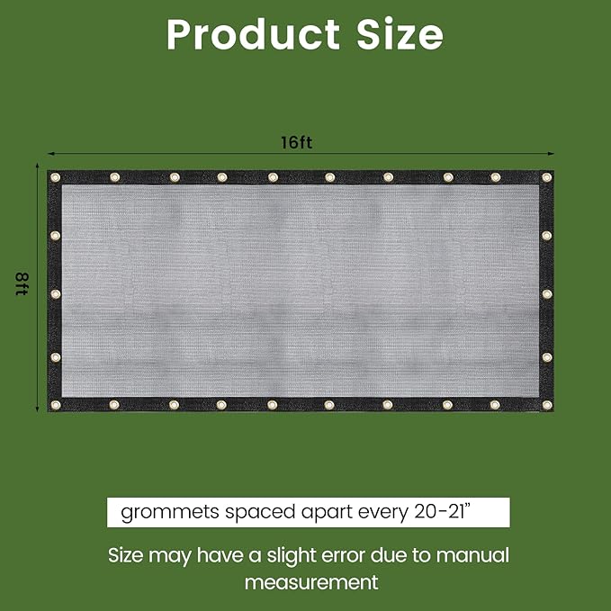 [WindscreenSupplyCo] 60-70% 8 FT X 16 FT Mesh Tarp/Shade Cloth 9-Needle Knitted Heavy Duty Black with Grommets for Green House, Garden, pergola, Pools, Dump Truck - MT0816BLKX1