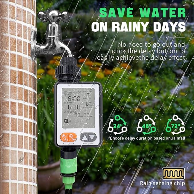 Water Timer for Garden Hose, 10 Programmable Sprinkler Timer with with Auto Rain Delay, IP54 Waterproof 3.3“ Large LCD Drip Irrigation System Timers for Plant, Yard, Lawns, Outdoor