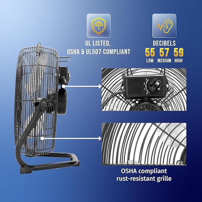 Tornado 12 Inch Industrial Powerful Metal Floor Fan, 3-Speed High Velocity Cooling Floor Fan for Industrial, Commercial, and Home Spaces, 120°Tilt, 6.0 FT Cord, Black