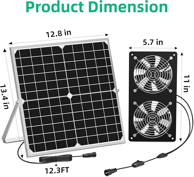 TIMEBAL Solar Exhaust Fan for Shed, 350 CFM High Airflow Solar Vent Fan with Dual Waterproof Fans, Outdoor Ventilation for Chicken Coop, Greenhouse, Dog House Cooling