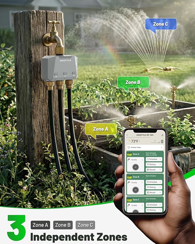 [All-New 2027] 1700FT WiFi Sprinkler Timer 3 Zone with Brass Inlet, Unistyle Smart Hose Timers Compatible Alexa & Google Voice, Water Timer for Garden Hose with Auto & Manual Modes for Garden Lawn