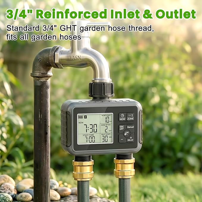 Sprinkler Timer 2 Zone, IPX5 Waterproof Programmable Water Hose Timer with Rain Delay, Child Lock, Manual Watering for Outdoor Automatic Irrigation for Garden, Lawn, Yard (AA Batteries Not Included)