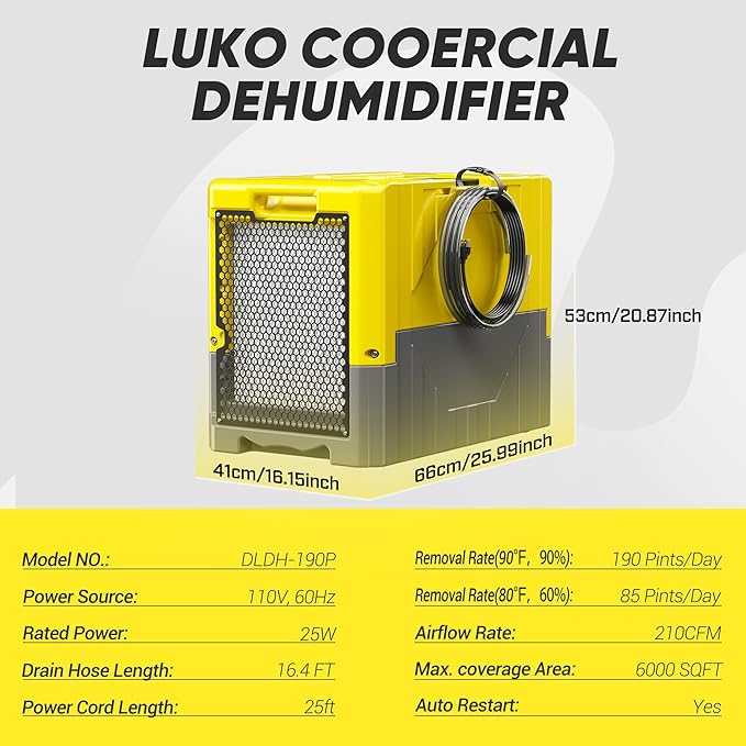 190Pints Commercial Dehumidifier for Basements with Pump Drain Hose, LGR Dehumidifiers with Wheels, Crawl Space Dehumidifier for Basement, Warehouse and Garages Up to 6000Sq, Yellow-2026 Upgraded-3PC