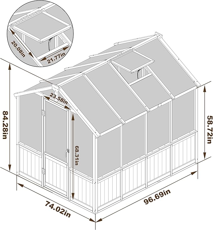 Yardenaler 6x8 FT Outdoor Greenhouse with Thickened Polycarbonate Panel, Wooden Walk-in Green House with Lockable Door and Adjustable Roof Vent, Backyard Garden, Black