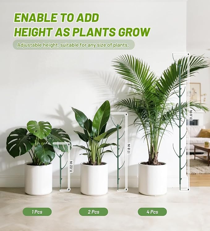 Plant Support Stakes, 12 Pcs Stackable Plant Support Poles with 20 Clips, 2 Roll Tie for Indoor Outdoor Monstera Climbing Plants, Green