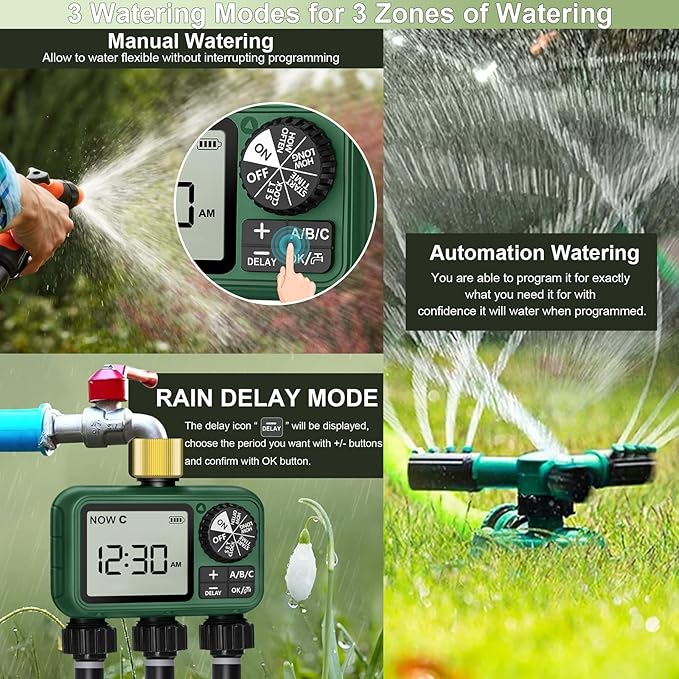 3 Zones Brass Inlet Water Timer for Outdoor Garden Hose, Sprinkler Timer for Garden Faucet with Auto/Manual/Rain Delay Mode, Sprinkler Irrigation Controller for Yard Lawn