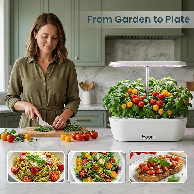 Nouri Hydroponics Growing System, 12 pod Smart Indoor Herb Garden Kit with LED Grow Lights, Hydroponic Herb Garden Indoor for Plant Lovers, Gardeners, Kitchen, Tomato Seeds Included