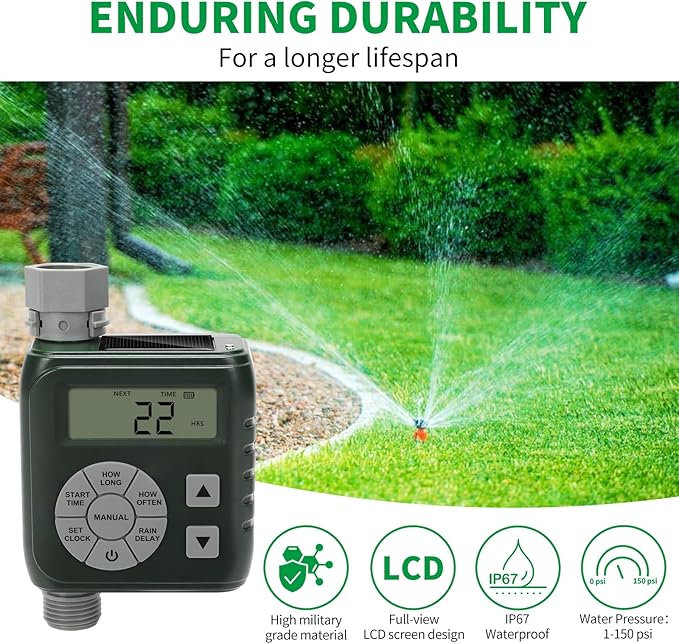 Hose Timer, Zuomeng Water Timer for Garden Hose with Dual Power System, Leak-Proof Design, Smart Irrigation Controller with Rain Delay, Auto & Manual Watering Modes for Lawn & Garden, Green