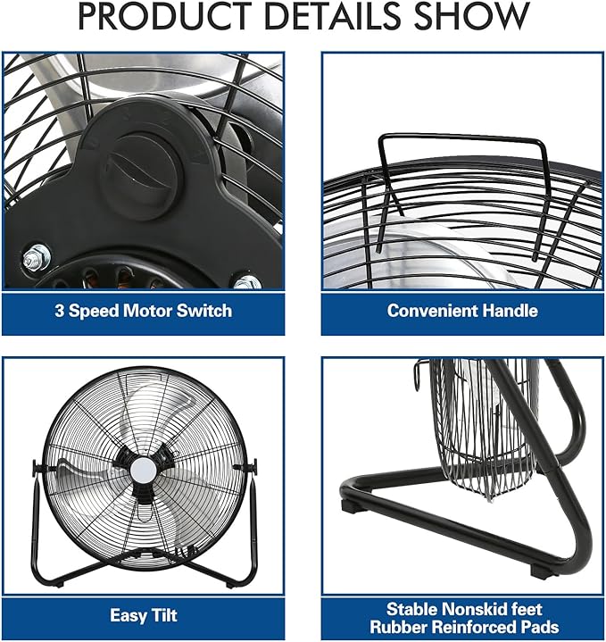 BILT HARD 4650 CFM 20" High Velocity Floor Fan, 3-Speed Heavy Duty Metal Fan with Wall-Mounting System, Industrial Shop Fan for Commercial, Garage, and Greenhouse