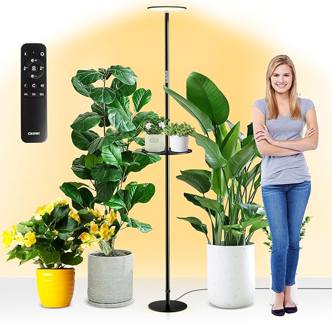chiphy 69" Full Spectrum Grow Light for Indoor Plants, 40W Tall Plant Lights with Tray, 4/8/12H Timer, 10 Level Dimmable Brightness, Heights Adjustable, Remote Control, Ideal for Large Tall Plants