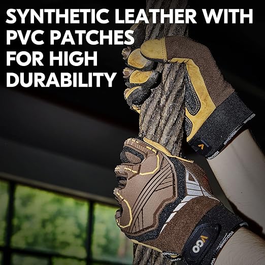 Vgo... 1-Pair Heavy Duty Synthetic Leather Work Gloves, Impact Protection Mechanic Gloves, Rigger Gloves, Vibration Reduction, Touchscreen Capable (Size L, Brown, SL8849)