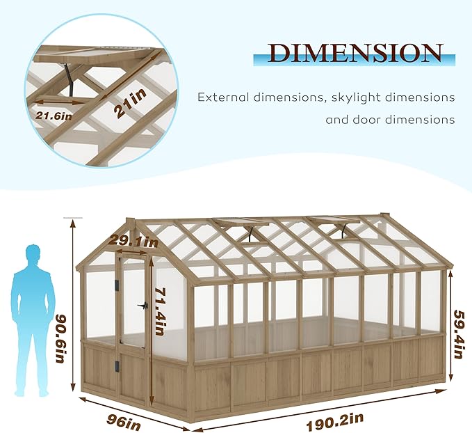 MUPATER 8 x 16 FT Wooden Greenhouse for Outdoor, Heavy Duty Greenhouse Kit with Window Vent and Lockable Door, Walk-in Green Houses for Patio, Garden, Backyard and Lawn, Brown