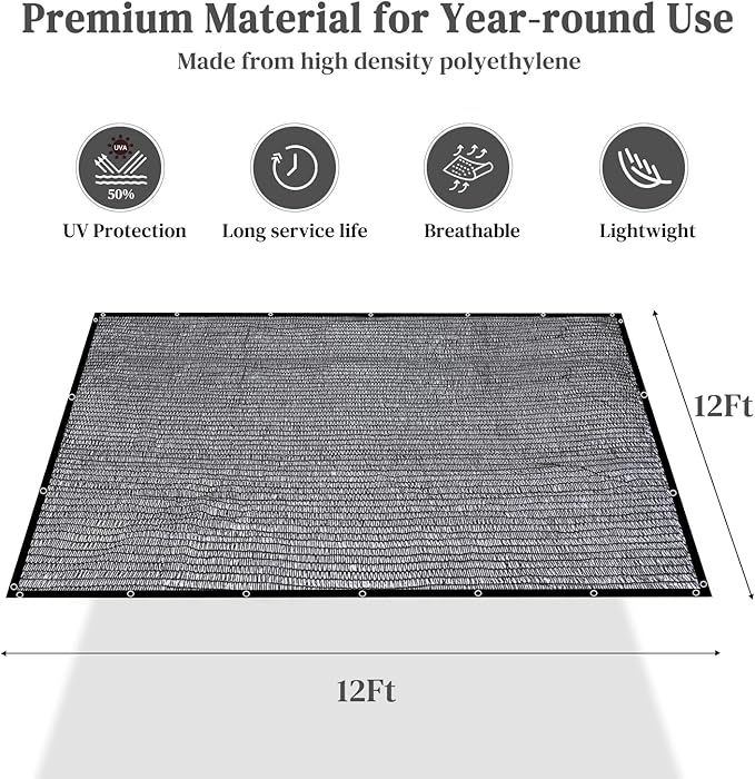 Winpull Garden 50% Shade Cloth, 12 x 12 FT Sun Shade Mesh Tarp with Reinforced Grommets, Durable HDPE Material Outdoor Shade Cloth for Plants, Greenhouse, Pergola and Backyard Patio Sunshade