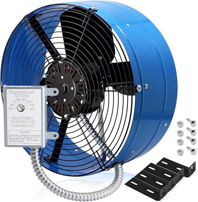 Hiorucet Upgraded 15 Inch Gable Vent Exhaust Fan, 1600CFM 2400 SQF High Performance Low Noise Gable Mount Attic Fan with Adjustable Thermostat, 14 Inch Blade and Permanently Lubricated Motor, Blue.
