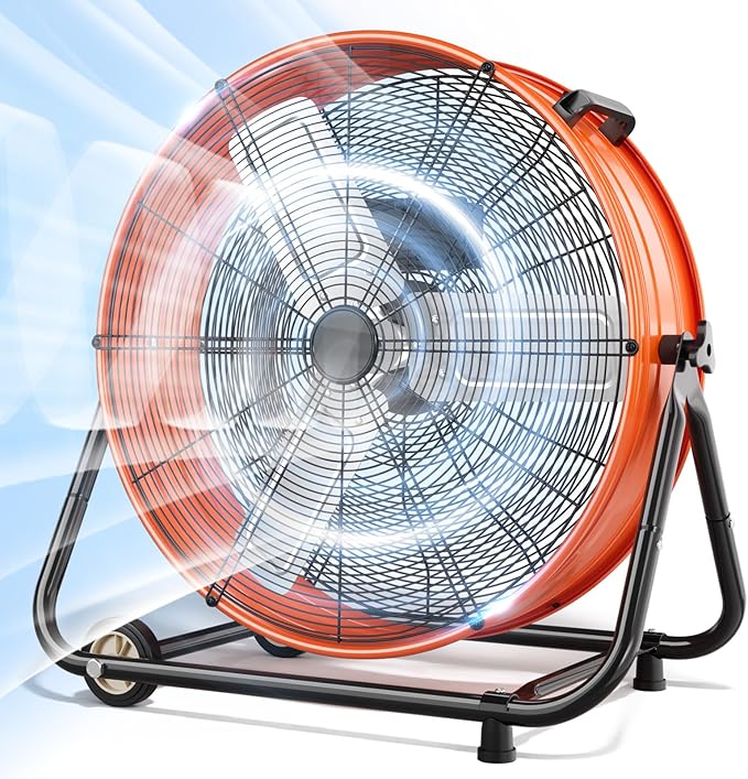 LifePlus 30" Industrial Drum Fan, 14000 CFM High Velocity 3-Speed Heavy Duty Metal Air Circulator with 360° Tilt, Casters Handle for Warehouse Factory workshops Patios Garage, Orange