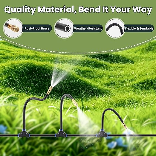 Automatic Drip Irrigation Kits - Garden Watering System with 360° Bendable Spray Adjustable Copper Atomizing Nozzles for Yard, Lawn, Raised Bed, Greenhouse, Potted Plants (40 Nozzles, 200FT Hose)