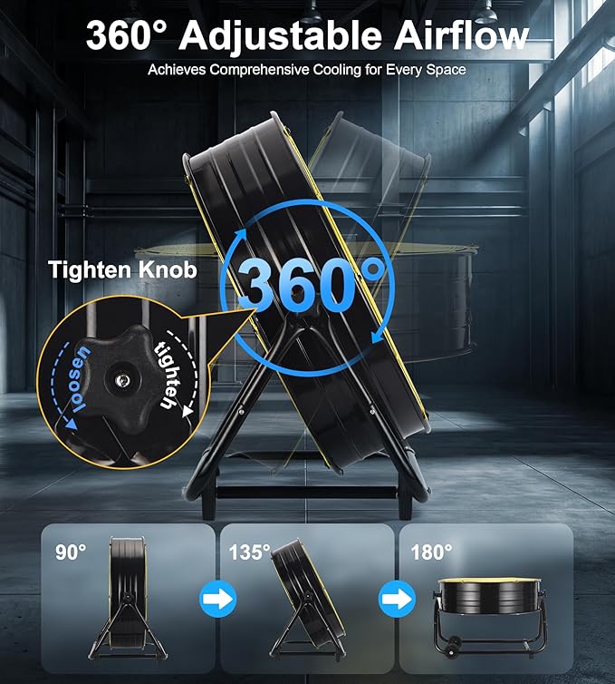 AKIRES 36IN Industrial Floor Drum Fan,21,800CFM High Velocity Heavy Duty Shop Fan with 360° Tilt,Handle,500W High Velocity Drum Fan for Garage,Basement,Warehouse,Patio,Factory,Workshop,Commercial Use