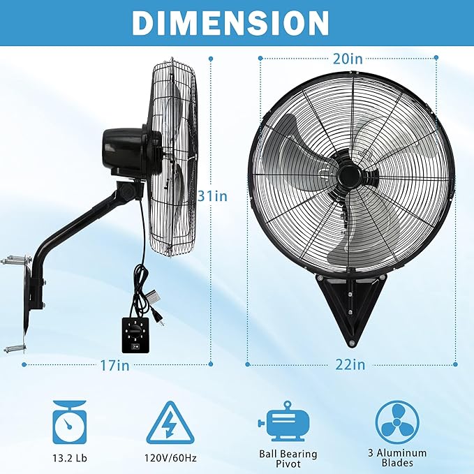 20" Wall Mount Fan, 7100CFM Heavy Duty Wall Fan with 3-Speed & Adjustable Tilt, High Velocity Industrial Oscillating Fans for Garage, Factory, Patio, Indoor, Porch, Shop & Commercial Use - ETL Listed
