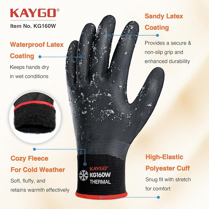 KAYGO Winter Waterproof Work Gloves for Men and Women, 3 Pairs Thermal Insulated Freezer Rubber Coated Gloves,Super Grip,KG160 (M, Black)