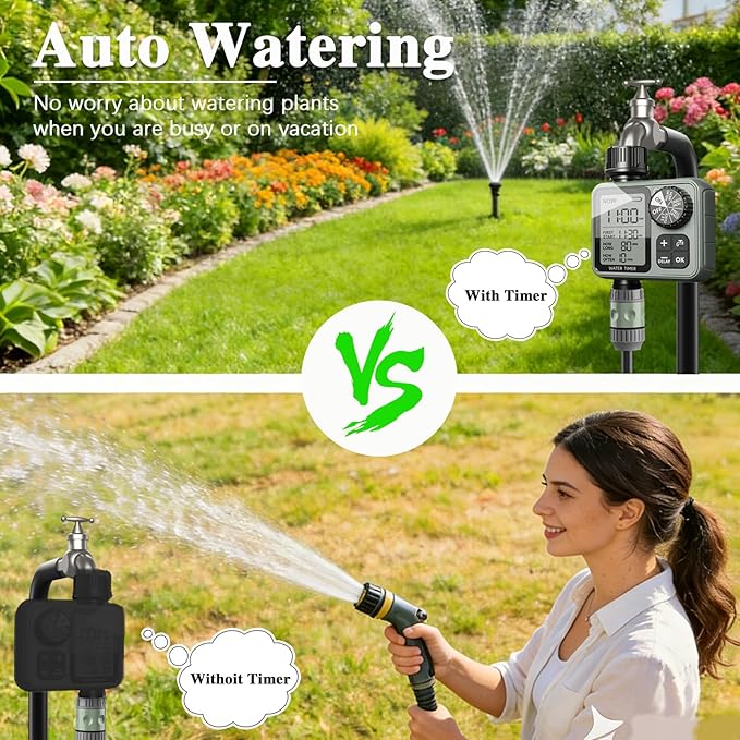 Sprinkler Timer Ourdoor,Digital Pogrammable Hose Timers with Rain Delay/Manual/Automatic Drip Irrigation Controller System,Smart Water Timer for Garden Hose with Large Display for Garden, Lawn, Yard