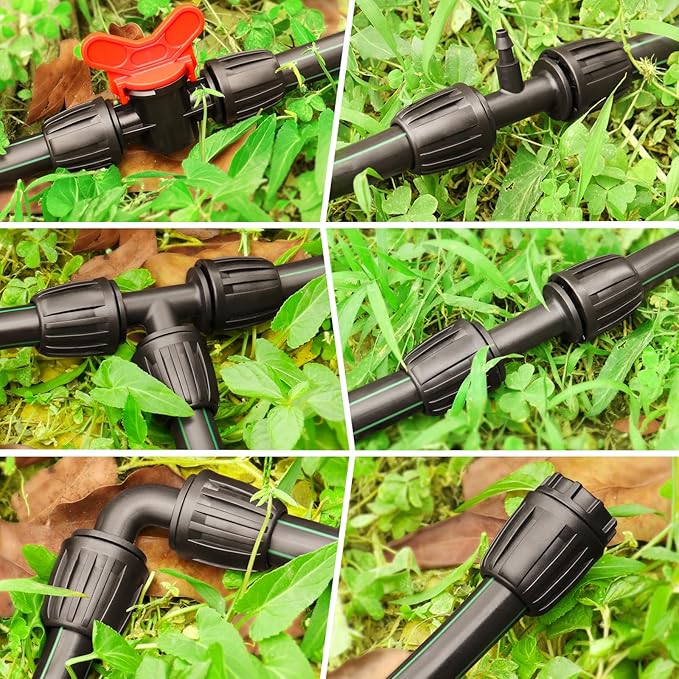 Gardrip Drip Irrigation Fittings Kit for 1/2 Inch Tubing：1/2'' Drip Line Anti-Drop Barbed Locked Nut Connectors 18 Pieces Set Include 4 Couplings 4 Tees 2 Elbows 3 Valves 3 Reducing Tee 2 Plugs