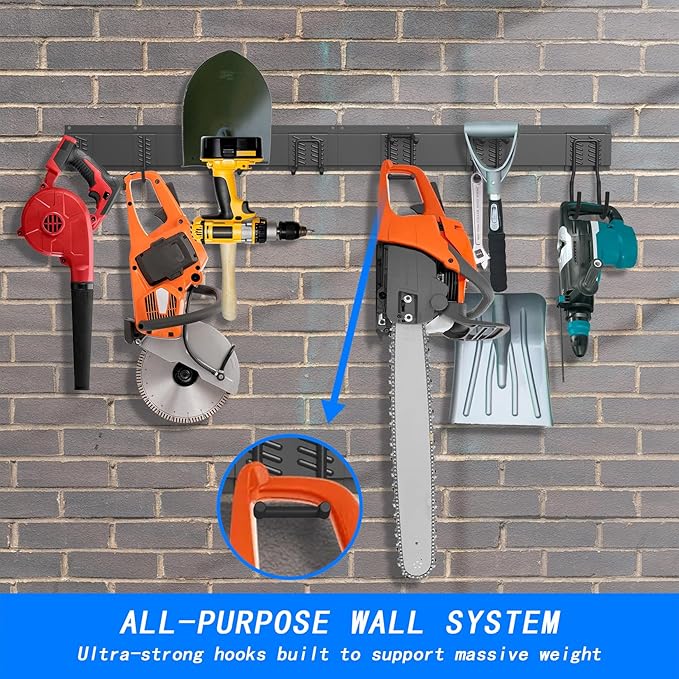 CBWLWJ Garage Tool Organizer Wall Mount, 64 inch Garage Wall Organizer, 680lbs Sturdy Garden Tool Organizer with 9 Adjustable Hooks, for Yard, Shed, Basement, Workshop(Black)