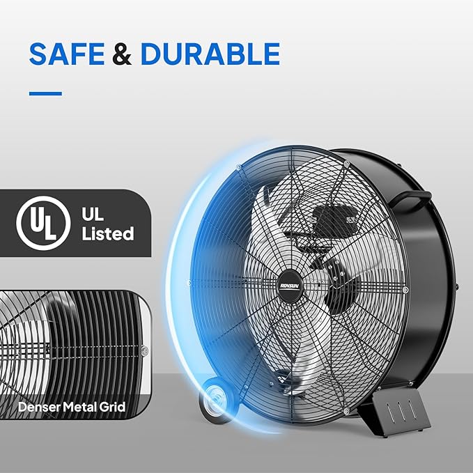 ROVSUN 24 Inch High Velocity Drum Fan, 9500CFM Industrial Metal Floor Fan with Handle, Heavy Duty, 3-Speed, Air Circulator for Shop, Garage, Gym, Barn, Commercial, UL Listed, Black, 2-Pack
