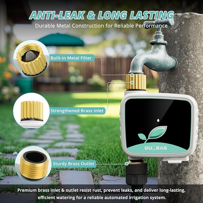 QUOBAS Smart WiFi Water Timer for Garden Hose, 1 Zone Brass Sprinkler Timer with App Control & Rain Delay/Auto/Manual 3 Modes for Drip Irrigation, Pool & Lawn, Battery Powered, 2.4GHz WiFi Only