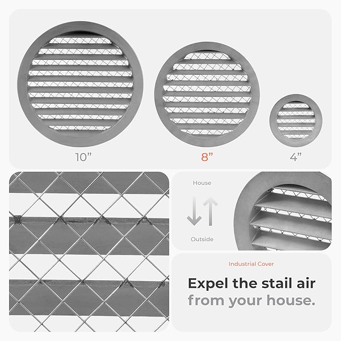 8 Inch Aluminum Soffit Vent Cover - Round Industrial Air Vent Louver for Wall, House, Garage - Wire Screen Mesh Crawlspace Louver Grille - Register Exhaust, Intake Gable Grill