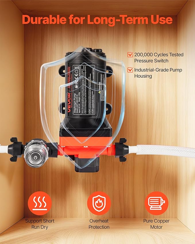 VEVOR RV Water Pump, 12V DC 6 GPM (22.7 L/min), 4-Chamber Self-Priming Diaphragm Water Pump with Automatic Pressure Switch, 70 PSI Max Pressure, On Demand for RV, Caravan, Marine, Yacht, Car Washing