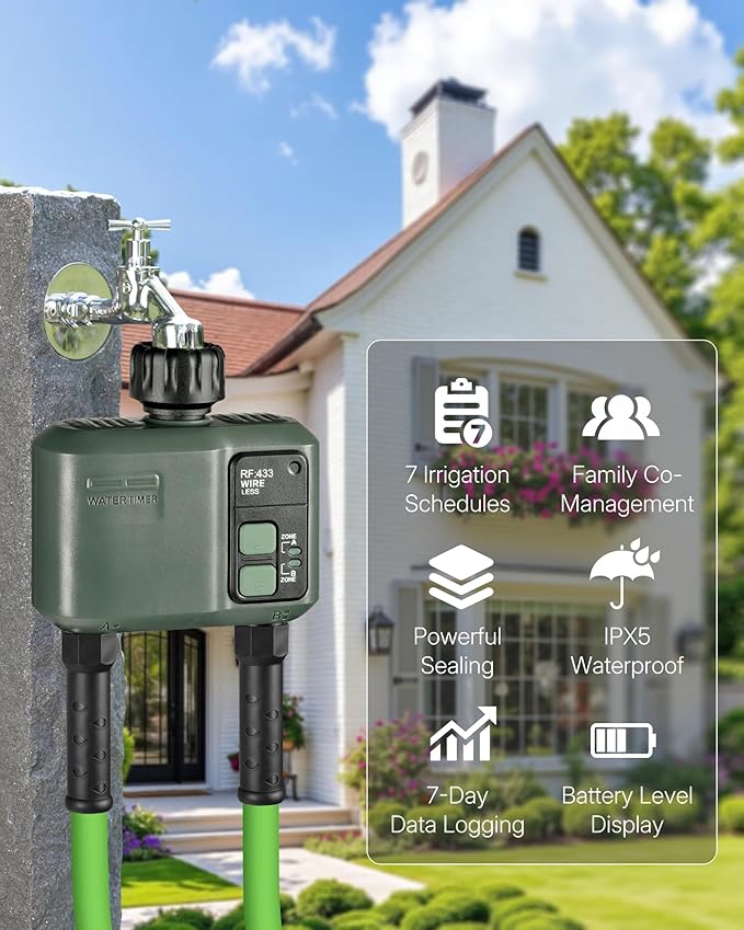 WiFi Water Timer for Garden Hose, Sprinkler Timer 2 Zone, Smart Lawn Watering System with WiFi Irrigation Controller, Voice Control, Automatic Irrigation/Rain Delay/Manual Watering D32WT06