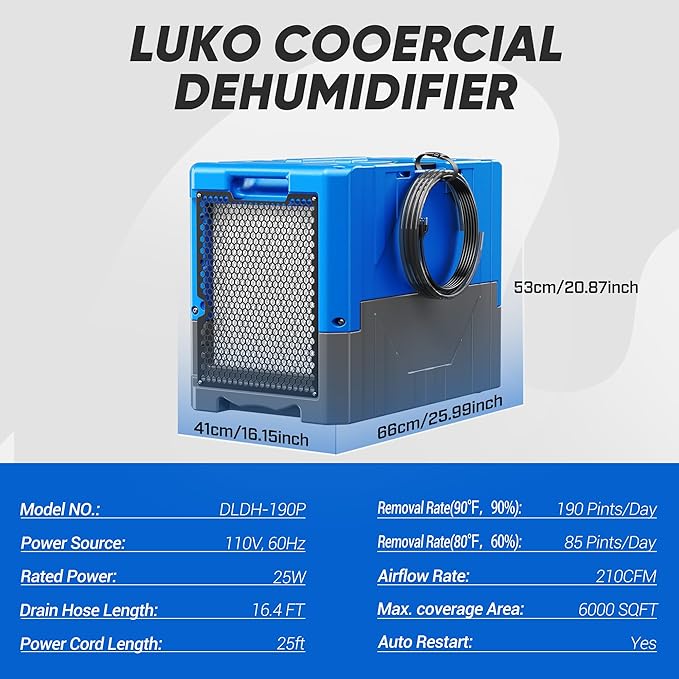 190Pints High Efficiency Commercial Dehumidifier for Basements-6000 Sq Industrial Grade Dehumidifiers with Pump & Drain Hose for Crawl Spaces Water Damage Restoration-Auto Defrost, Memory Starting-3PC
