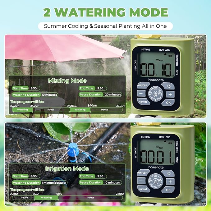 HOMENOTE Misting Cooling System with Timer, 26FT Misting Hose+7 Brass Nozzles+3/4" Brass Adapter+Water Timer with Mist Mode & Irrigation Mode, Outdoor Misters for Patio Cooling and Garden Watering