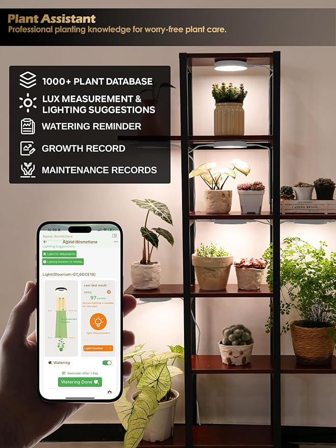 GLOWRIUM Grow Lights for Indoor Plants,48W Smart Full Spectrum LED Grow Light, Auto Timer and Stepless Dimming,Plant Assistant with Watering Reminder,Modular Design (White, 6 PCS)