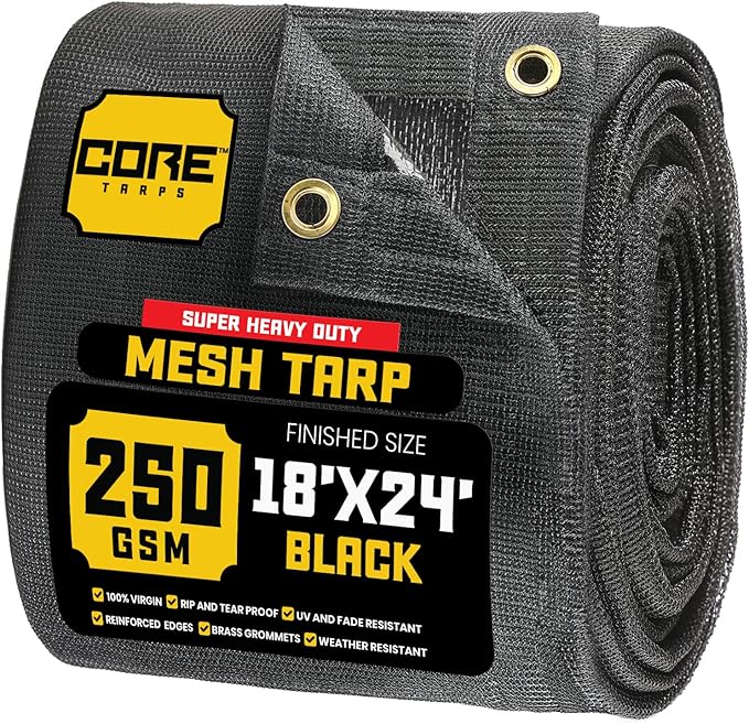 Core Tarps 60% Black Shade Cloth with Grommets - 18 X 24 FT Heavy Duty Mesh Tarp - Sun Shade Cloth for Garden Vegetables Plants Greenhouse Outdoors Backyard Fences Dump Trucks Patio Mesh Shade Tarp