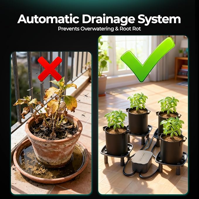 MARS HYDRO Auto Drainage System with Water Pump, 4 Elevated Runoff Trays & 4-Pack 5 Gallon Grow Bags, Plant Drainage Saucers for Indoor Plants Grow Tents